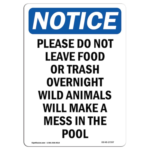 Sign, 5" H, Please Do Not Leave Food Or Trash Sign, Portrait, NS-D-35-V-17397-10PK